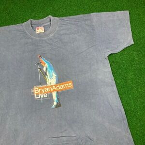 Vintage Bryan Adams Shirt Mens L Blue 2002 Concert Tour Live Promo Faded Y2K Tee